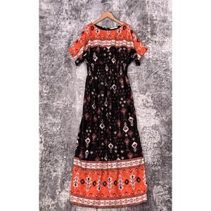 Wayward Fancies Dress XL Womens Orange Ikat Smocked Waist Side Slits Maxi